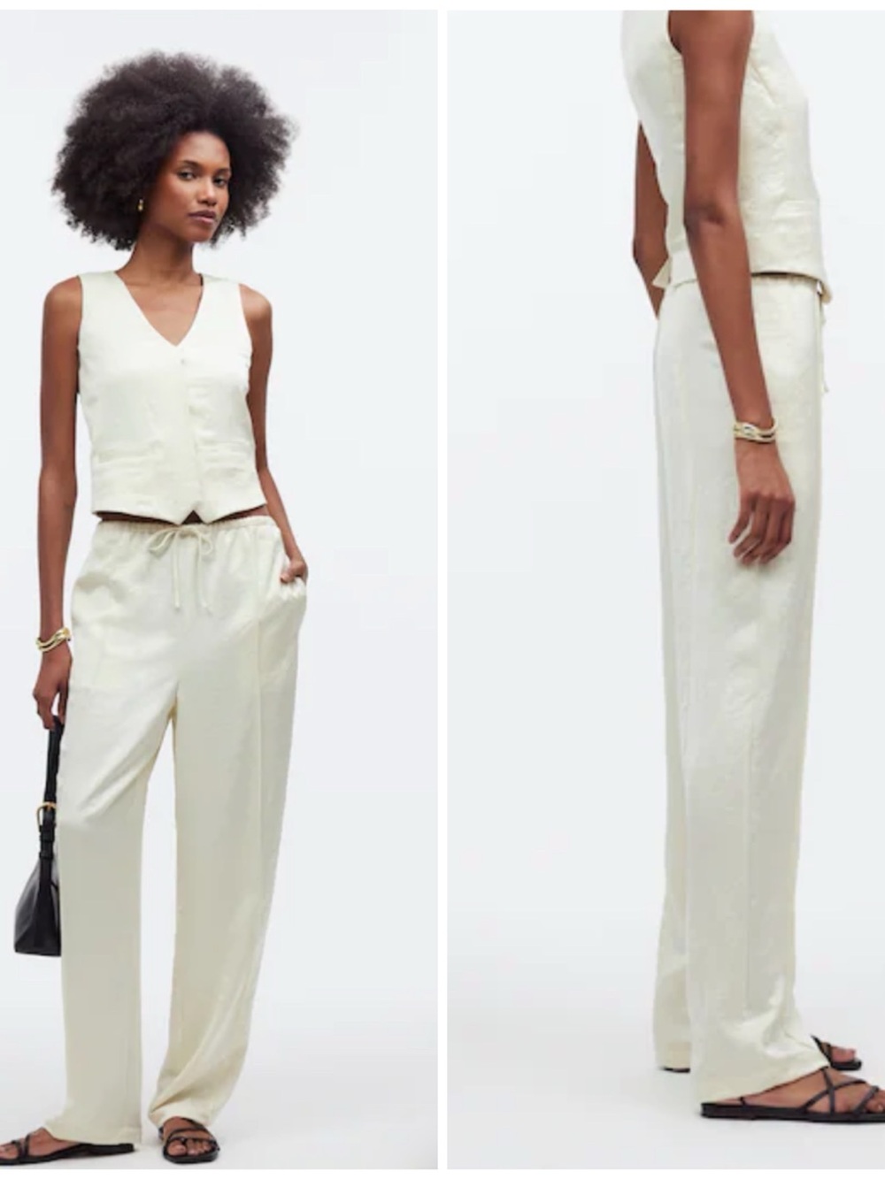 Sleeveless V-Neck Cream Vest & Wide-Leg Pants Set